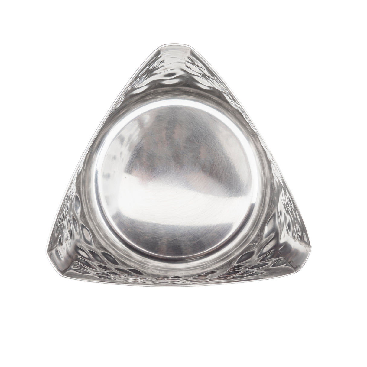A shiny, silver, triangular stainless steel bowl with rounded corners and a hammered finish. Photographed from above on a white background, the bowl’s dimpled sides and reflective surface emphasize its unique geometric shape.