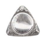 A shiny, silver, triangular stainless steel bowl with rounded corners and a hammered finish. Photographed from above on a white background, the bowl’s dimpled sides and reflective surface emphasize its unique geometric shape.