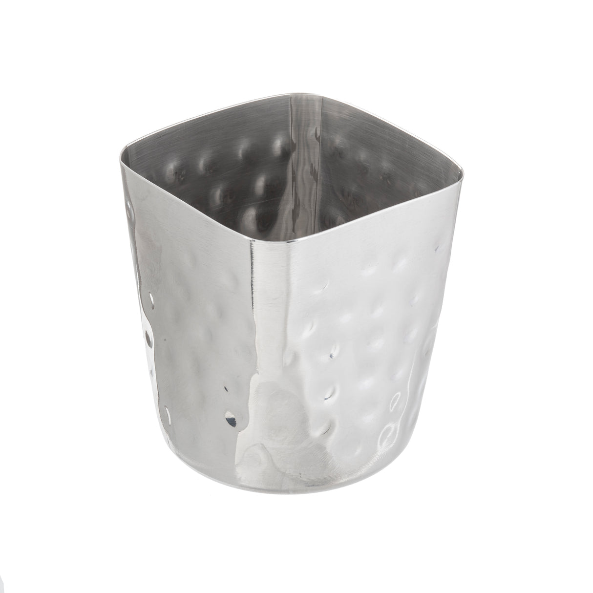 A shiny, stainless steel fry cup with a hammered finish and a unique rounded square shape. The reflective metal surface catches the light as the empty cup stands on a white background.