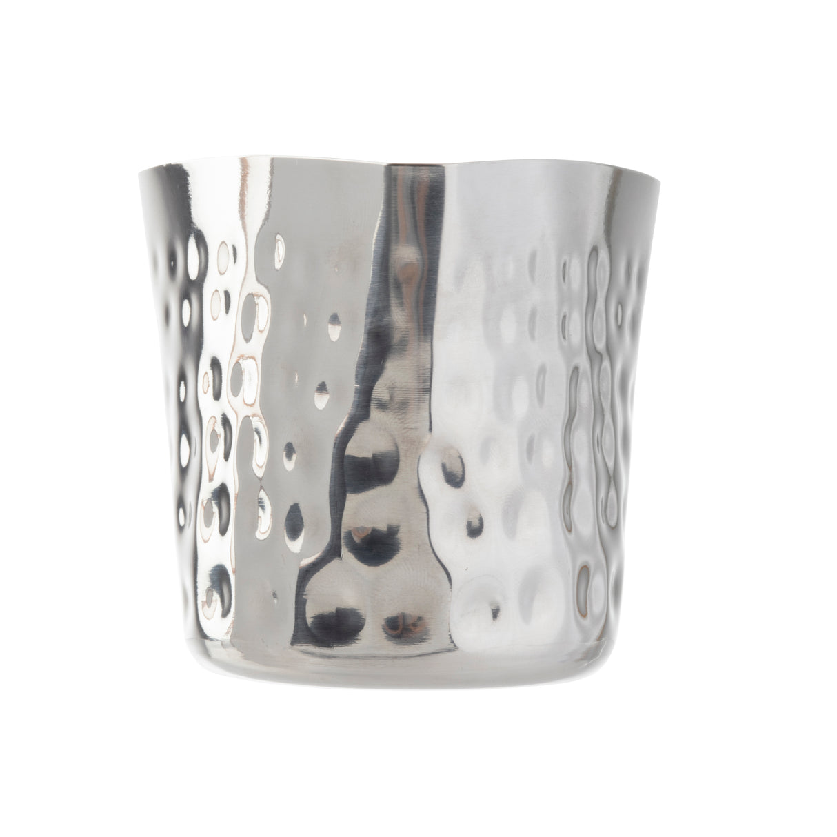 A shiny, stainless steel fry cup with a slightly flared rim and a hammered, dimpled texture on its surface. The cup is reflective, silver in color, and photographed against a plain white background.