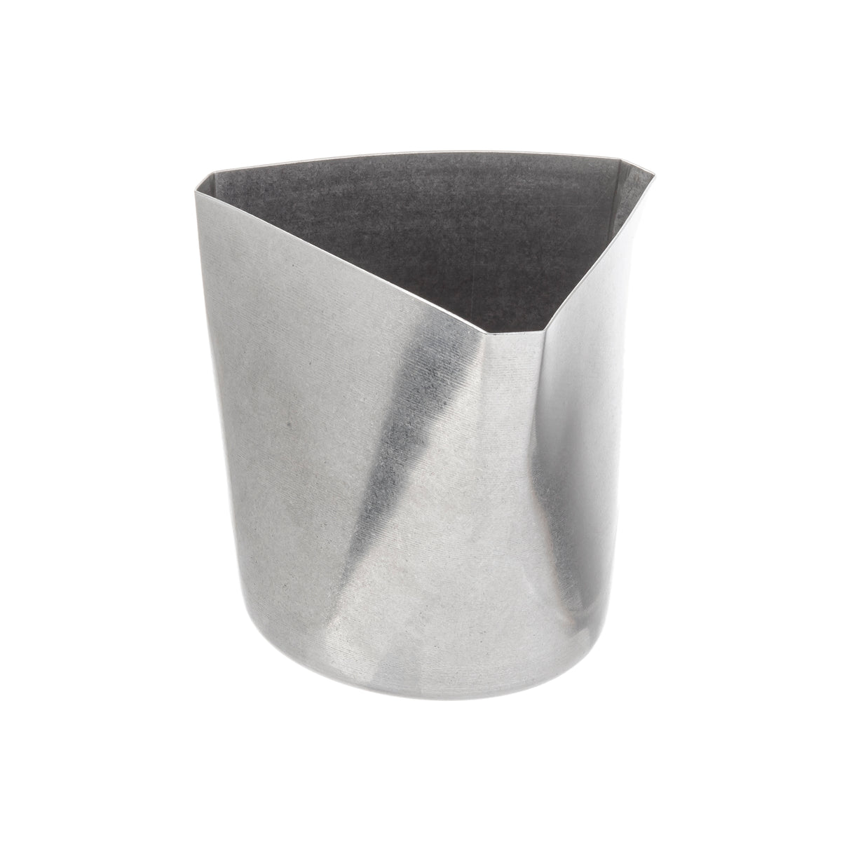 A stainless steel fry cup with a curved triangular shape, smooth, shiny surfaces, and a slightly outward-flaring rim on one side. The container has no handles or markings and is photographed against a white background.
