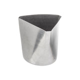 A stainless steel fry cup with a curved triangular shape, smooth, shiny surfaces, and a slightly outward-flaring rim on one side. The container has no handles or markings and is photographed against a white background.