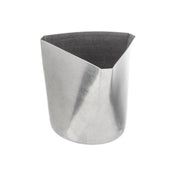 A stainless steel fry cup with a curved triangular shape, smooth, shiny surfaces, and a slightly outward-flaring rim on one side. The container has no handles or markings and is photographed against a white background.