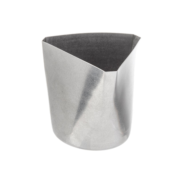 A stainless steel fry cup with a curved triangular shape, smooth, shiny surfaces, and a slightly outward-flaring rim on one side. The container has no handles or markings and is photographed against a white background.