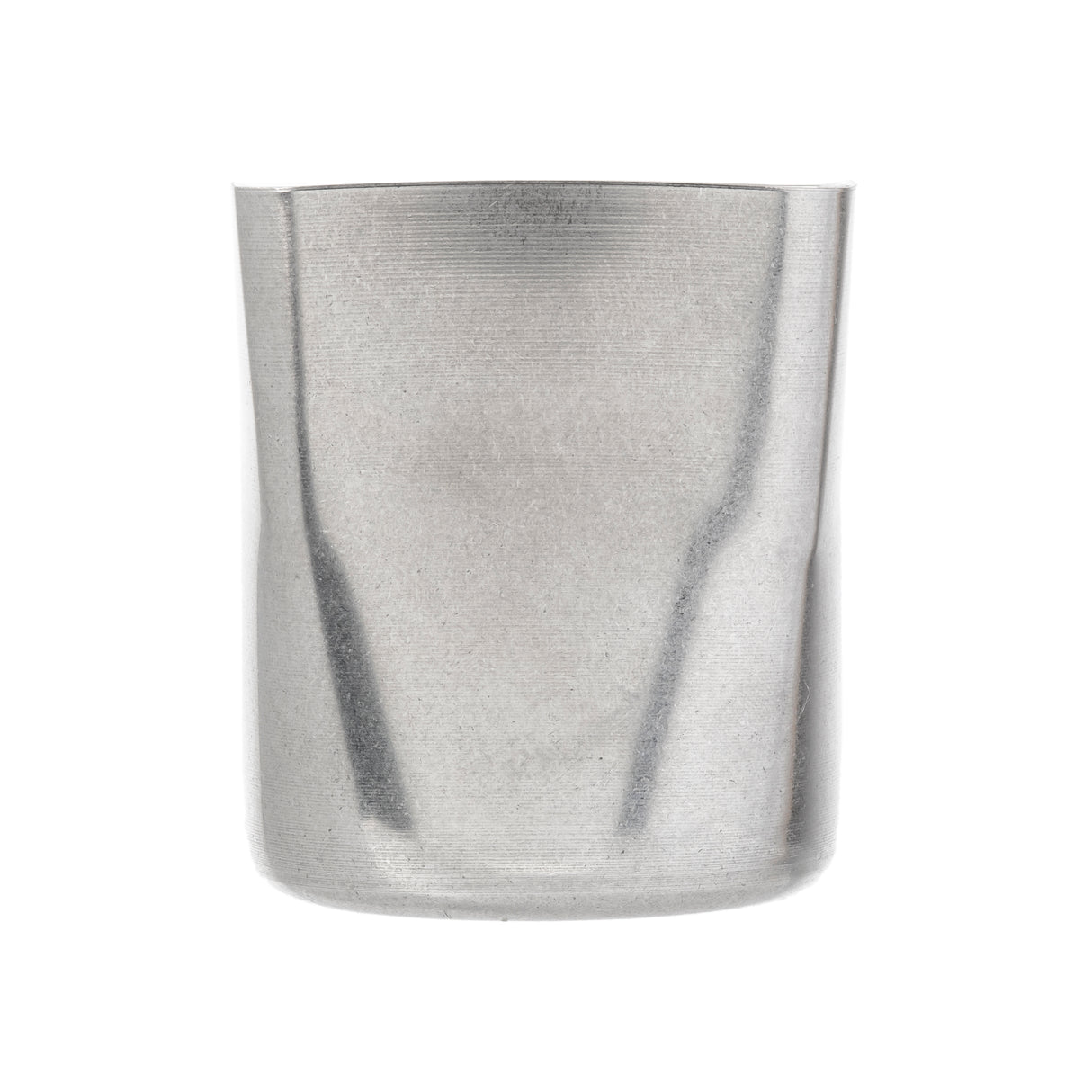A plain, stainless steel fry cup with a matte, stonewashed finish, seen from the front against a white background. The cylindrical cup features a slightly irregular, dented surface and has no handle or visible decorations.