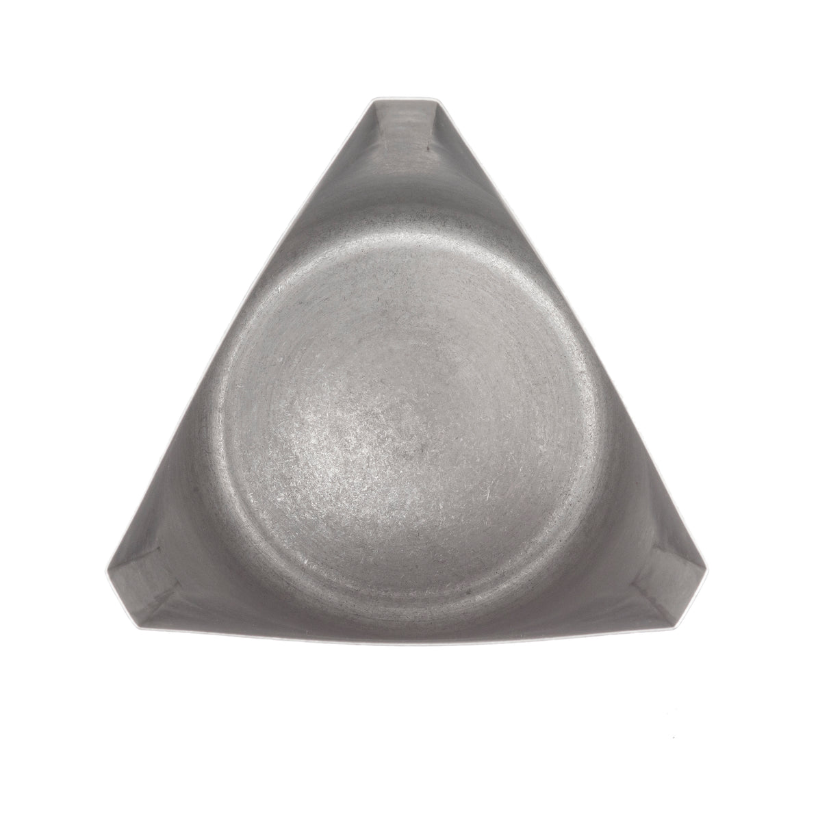 A metallic, silver triangular object viewed from above, crafted from stainless steel. It has rounded edges and a slightly concave circular center, with three short notches near each corner. The smooth surface gleams with a subtle stonewashed finish.