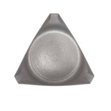 A metallic, silver triangular object viewed from above, crafted from stainless steel. It has rounded edges and a slightly concave circular center, with three short notches near each corner. The smooth surface gleams with a subtle stonewashed finish.