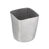 A stainless steel fry cup with a smooth, gently rounded square shape and slightly curved sides. Its seamless, modern design features a wide opening and a darker interior for added depth. The plain white background highlights its sleek appeal.