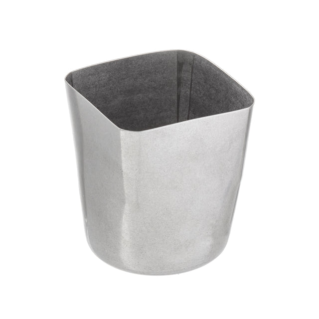 A stainless steel fry cup with a smooth, gently rounded square shape and slightly curved sides. Its seamless, modern design features a wide opening and a darker interior for added depth. The plain white background highlights its sleek appeal.