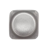 A square, stainless steel fry cup with rounded edges and a smooth, stonewashed finish is seen from above against a plain white background. The dish features a slightly raised rim and a circular depression in the center.