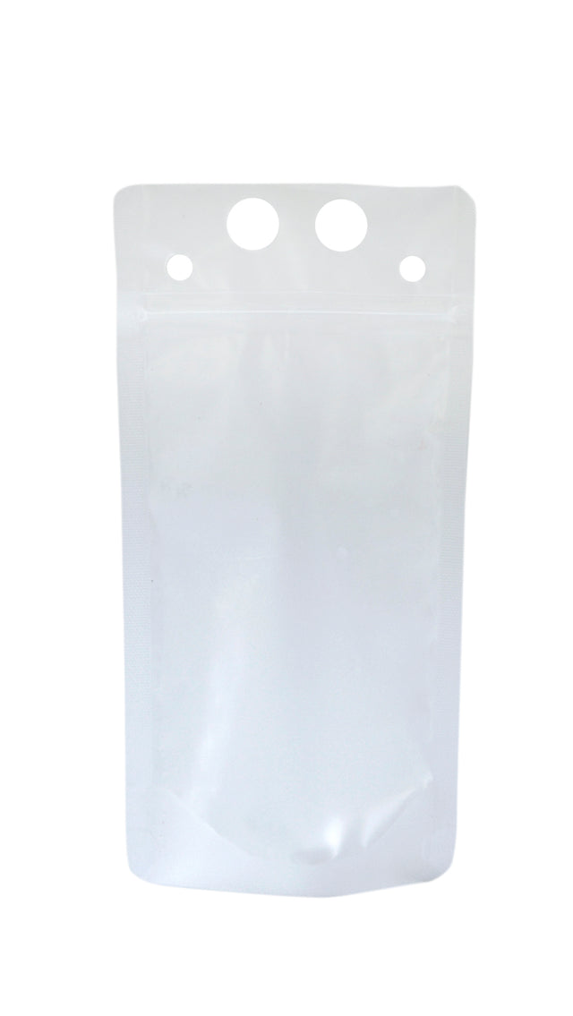 A plain, transparent 10 oz. polyethylene To-Go Beverage Pouch stands upright against a white background, with three round holes for hanging and a resealable zipper below. The empty pouch has clear surfaces and slightly rounded bottom corners.