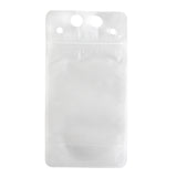 A clear, resealable polyethylene To-Go Beverage Pouch with a ziplock closure. The rectangular pouch features two small round holes and one larger hole at the top for hanging, and holds up to 10 oz. It is empty and fully transparent.