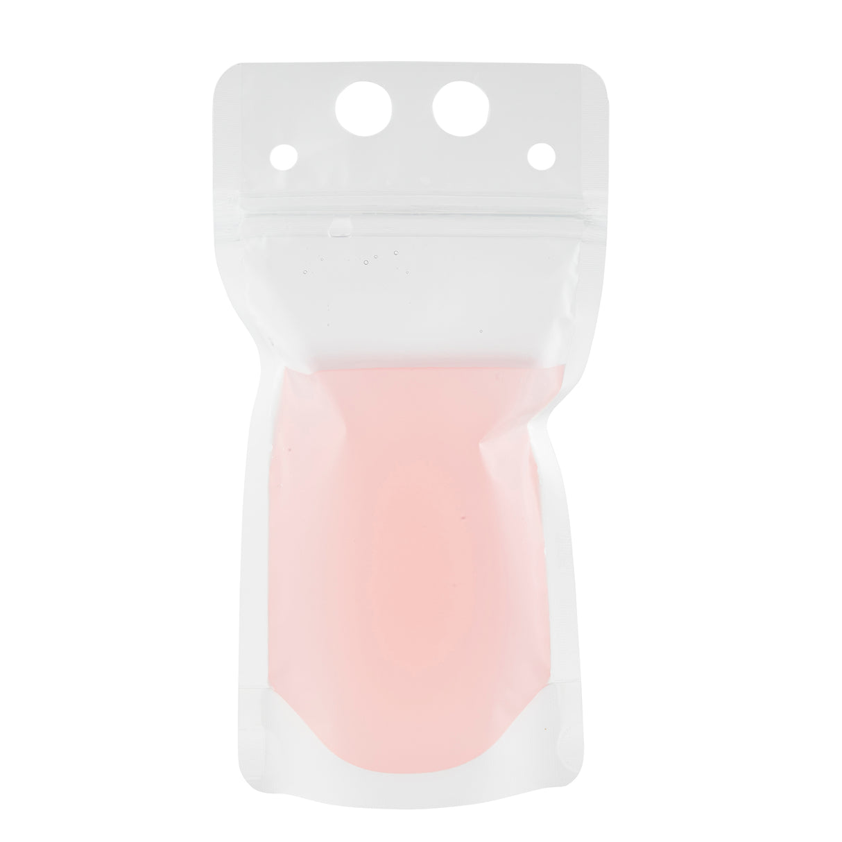 A clear, resealable polyethylene To-Go Beverage Pouch with three round holes at the top contains a light pink liquid. Holding up to 10 oz., the plain pouch stands upright against a white background with no visible labels or branding.