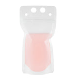 A clear, resealable polyethylene To-Go Beverage Pouch with three round holes at the top contains a light pink liquid. Holding up to 10 oz., the plain pouch stands upright against a white background with no visible labels or branding.