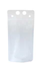 A plain, empty, white polyethylene To-Go Beverage Pouch with a resealable zipper and three circular holes at the top for hanging. The 16 oz. pouch stands upright against a white background, with no labels, logos, or visible contents.
