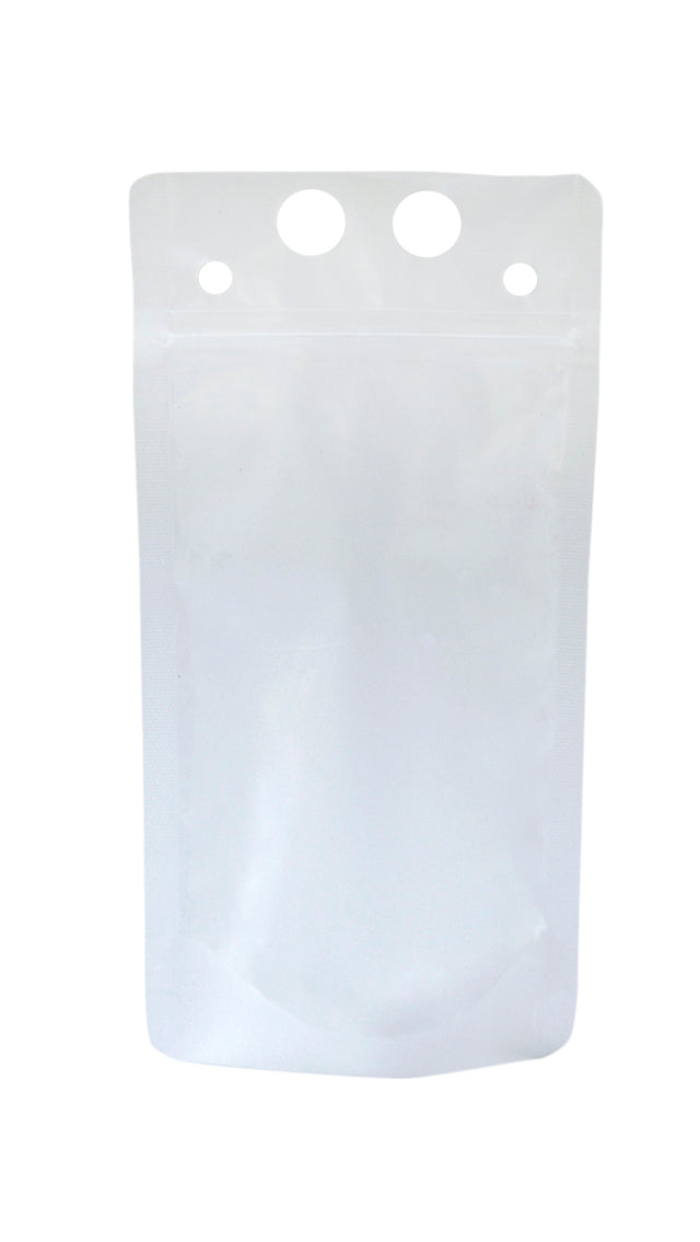 A plain, empty, white polyethylene To-Go Beverage Pouch with a resealable zipper and three circular holes at the top for hanging. The 16 oz. pouch stands upright against a white background, with no labels, logos, or visible contents.