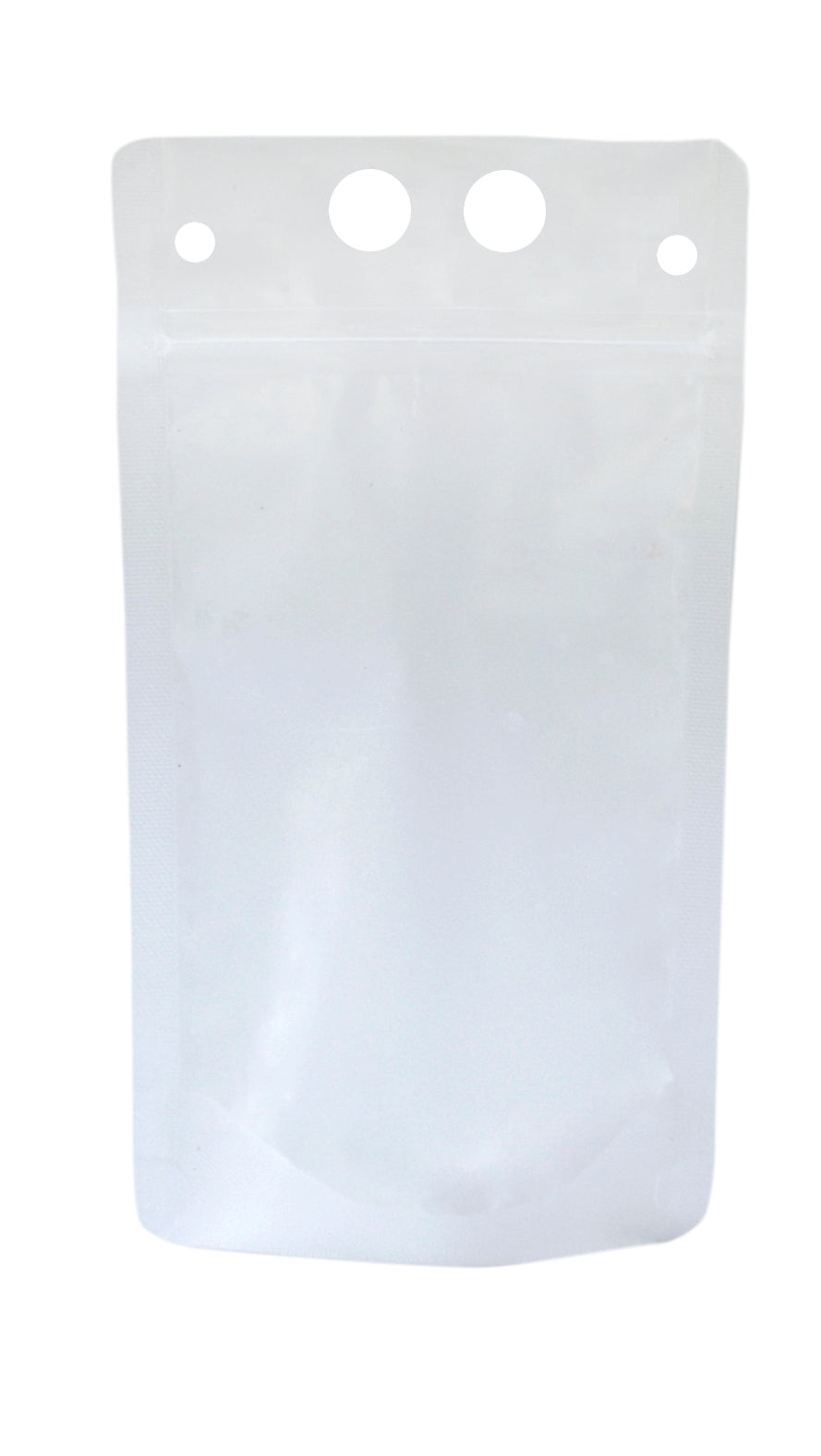 A transparent, resealable polyethylene To-Go Beverage Pouch with a white top seal. The top features three circular holes for hanging. The empty 32 oz pouch stands upright against a white background.