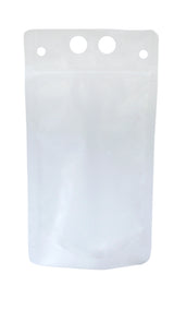 A transparent, resealable polyethylene To-Go Beverage Pouch with a white top seal. The top features three circular holes for hanging. The empty 32 oz pouch stands upright against a white background.