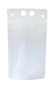 A transparent, resealable polyethylene To-Go Beverage Pouch with a white top seal. The top features three circular holes for hanging. The empty 32 oz pouch stands upright against a white background.