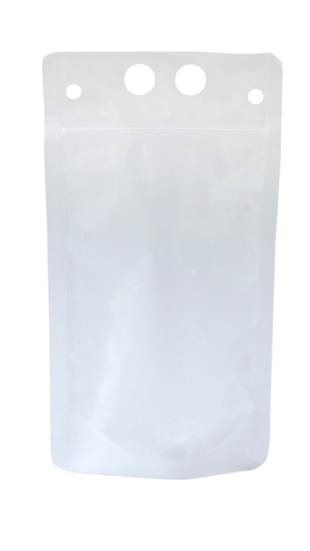 A transparent, resealable polyethylene To-Go Beverage Pouch with a white top seal. The top features three circular holes for hanging. The empty 32 oz pouch stands upright against a white background.