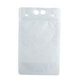 A plain, white, 32 oz polyethylene To-Go Beverage Pouch with a zipper seal, two small holes, and one larger hole at the top for hanging. The pouch is empty with a semi-transparent section near the bottom. The background is completely white.