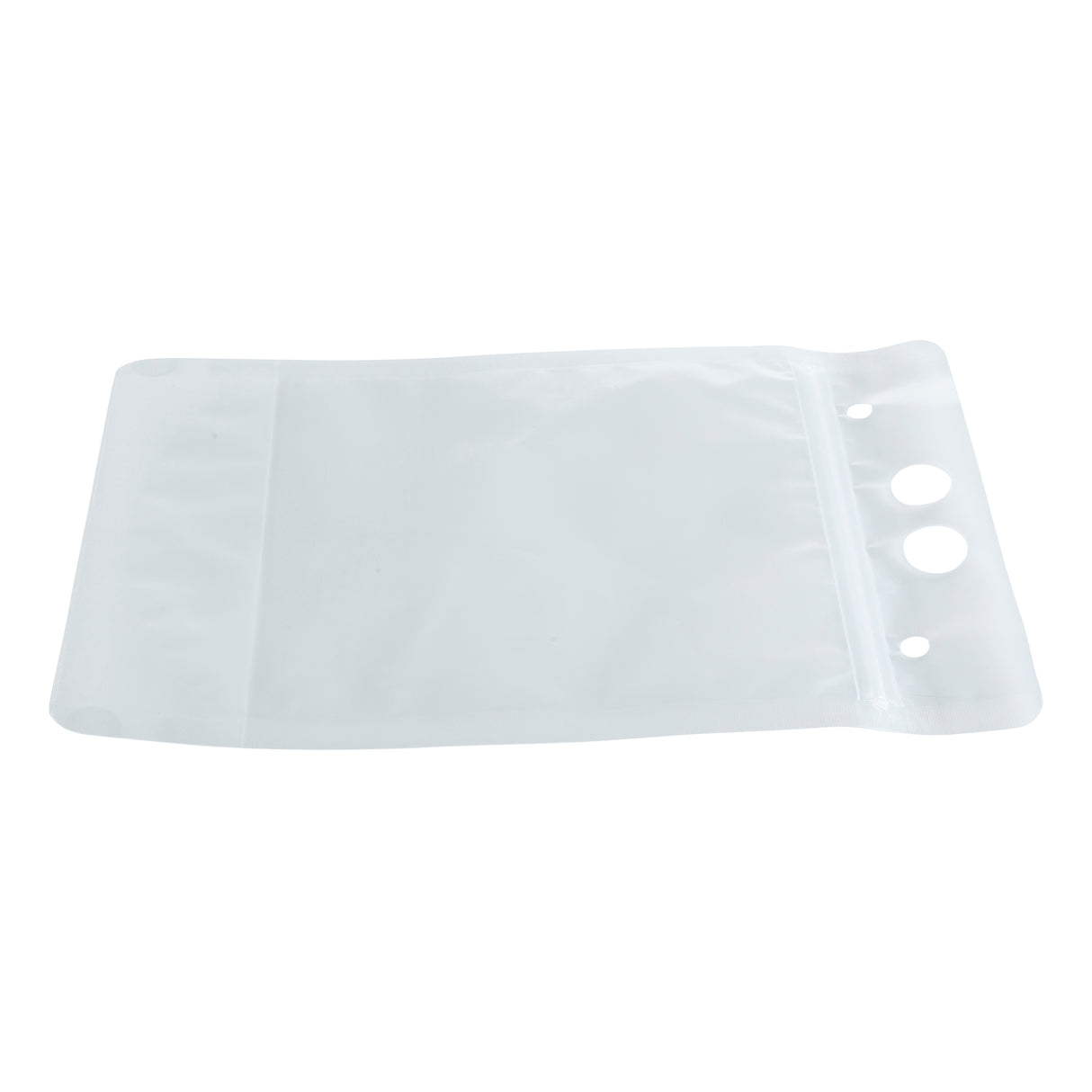A transparent, 32 oz To-Go Beverage Pouch made from smooth polyethylene lies flat on a white background. It features a zipper seal at the top and three round holes of varying sizes along the sealing edge, ideal for hanging or securing.