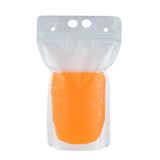 A clear, resealable To-Go Beverage Pouch made of polyethylene, filled with bright orange liquid. This 32 oz stand-up pouch features a white top with three circular holes for hanging and is photographed against a plain white background.