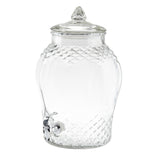 A decorative glass beverage dispenser with a diamond-patterned texture, pointed lid, and silver spigot at the bottom. This 2 gallon container is empty and stands upright against a plain white background.