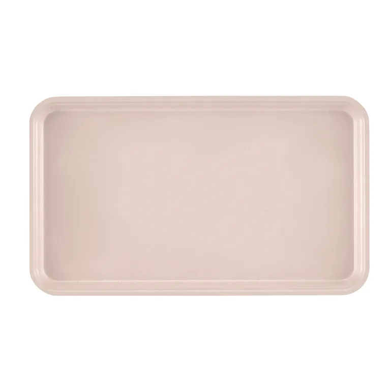 A plain, rectangular, light beige Camtray high-impact fiberglass tray with slightly raised, rounded edges and a smooth surface, photographed from above against a white background. Dishwasher safe for easy cleaning.