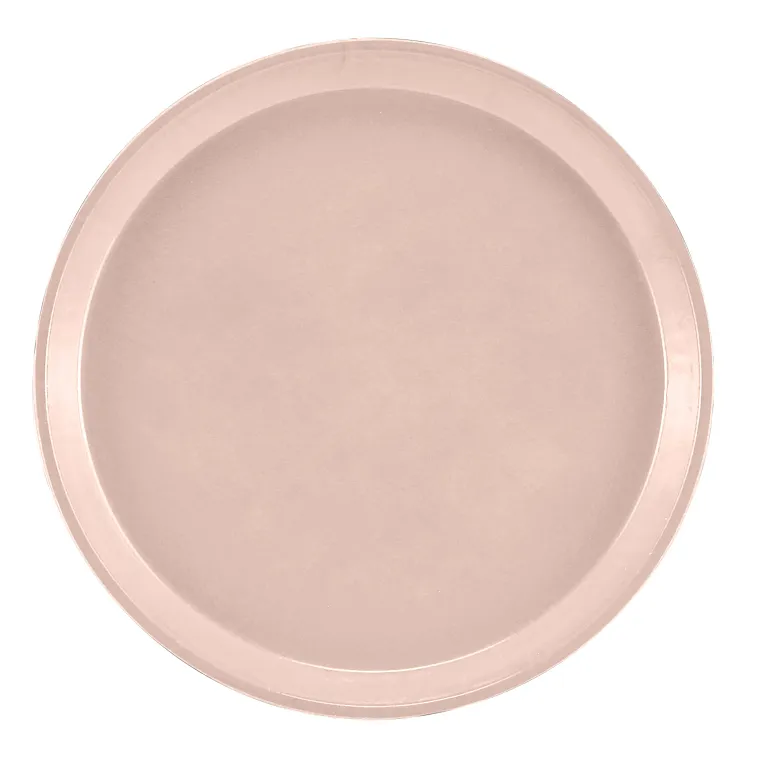 A round, light pink Serving Camtray with a smooth, flat center and a slightly raised rim. Made of durable fiberglass and featuring a matte finish, this NSF-approved tray is ideal for everyday use. The background is plain white.