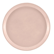A round, light pink Serving Camtray with a smooth, flat center and a slightly raised rim. Made of durable fiberglass and featuring a matte finish, this NSF-approved tray is ideal for everyday use. The background is plain white.