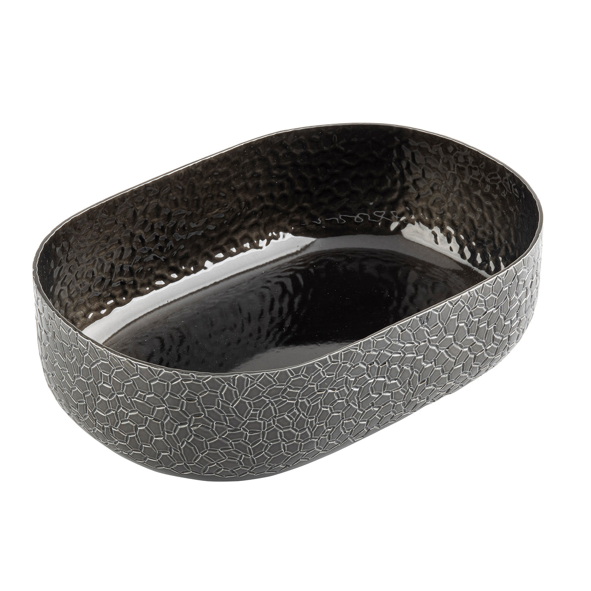 An aluminum oval bowl with a textured, mosaic-like exterior and a hammered, shiny black powder coat finish inside. This modern TableCraft bowl features slightly high sides and is photographed empty against a white background.
