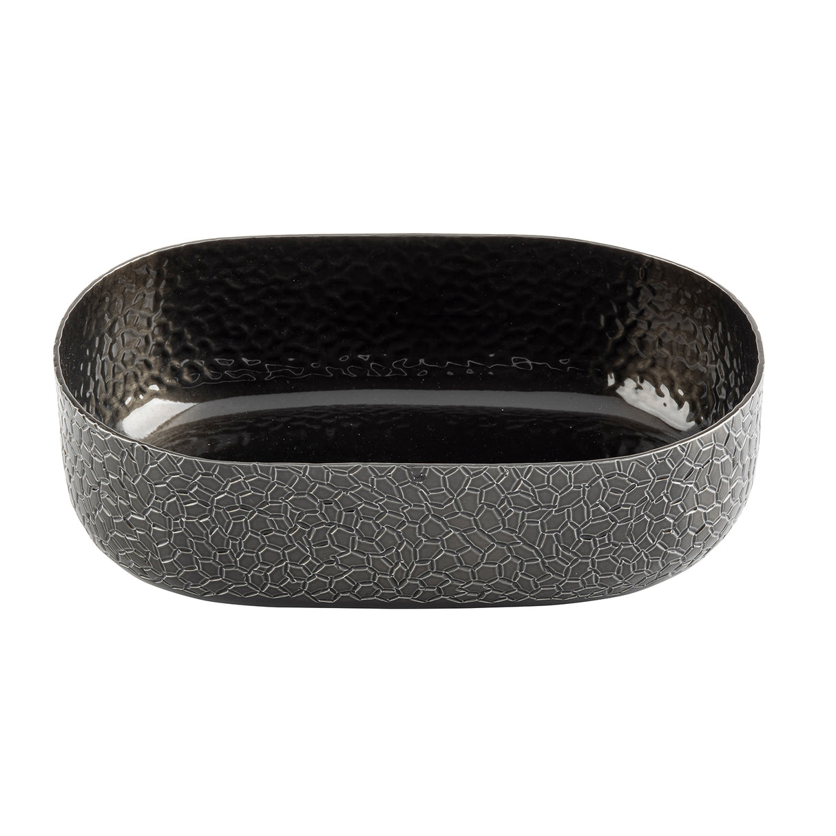 Rectangular, shallow black bowl with rounded edges. The shiny, reflective surface features a textured, cracked pattern. Inspired by a TableCraft bowl design, it offers a modern and unique appearance perfect for contemporary settings.