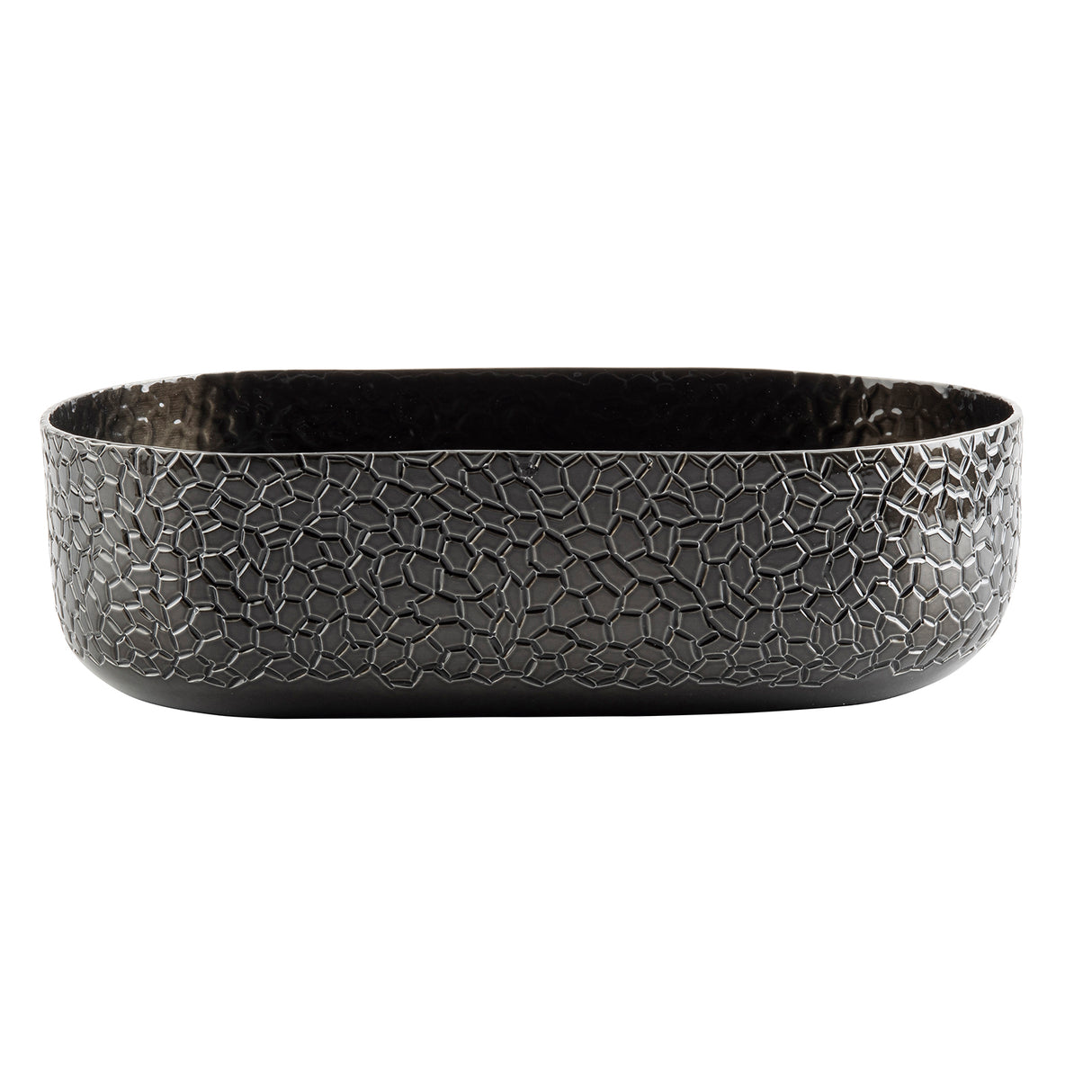 Oval-shaped aluminum oval bowl with a black powder coat, featuring a textured, cracked pattern on its matte exterior. The smooth, rounded edges give this TableCraft bowl a modern and elegant appeal, while the interior remains plain and dark.