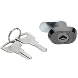A pair of silver keys on a keyring lies next to a small, oval-shaped Empura Parts door lock & key with a horizontal keyhole, commonly used for cabinets or drawers, against a white background.