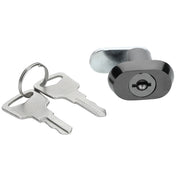 A pair of silver keys on a keyring lies next to a small, oval-shaped Empura Parts door lock & key with a horizontal keyhole, commonly used for cabinets or drawers, against a white background.