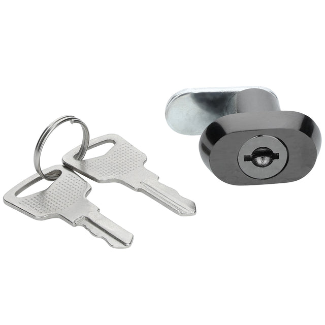 A pair of silver keys on a keyring lies next to a small, oval-shaped Empura Parts door lock & key with a horizontal keyhole, commonly used for cabinets or drawers, against a white background.