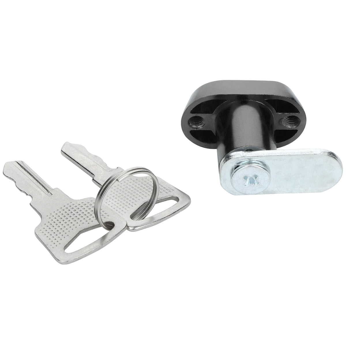 A small cylindrical cam lock with a silver rotating latch and two matching silver keys attached by a keyring, placed on a white background. This Empura Parts door lock & key features a black housing with two screw holes for mounting.