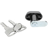 A small cylindrical cam lock with a silver rotating latch and two matching silver keys attached by a keyring, placed on a white background. This Empura Parts door lock & key features a black housing with two screw holes for mounting.