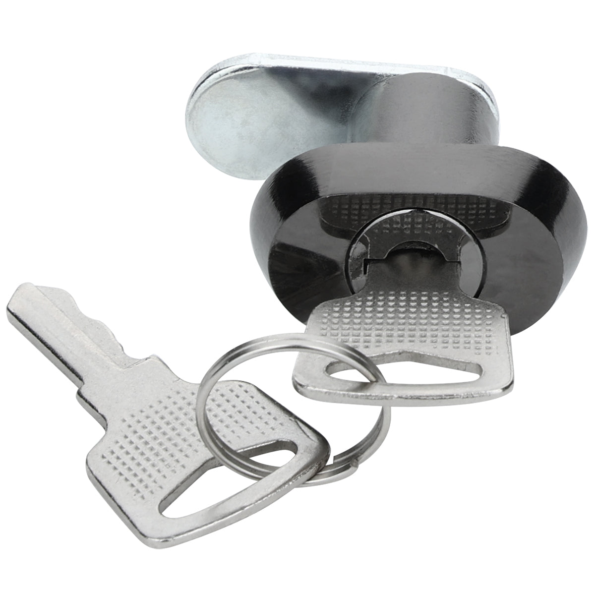 A close-up of an Empura Refrigeration door lock & key shows a black and silver cam lock with two keys on a keyring. One key is inserted while the other dangles below, both featuring a metallic, slightly textured finish.