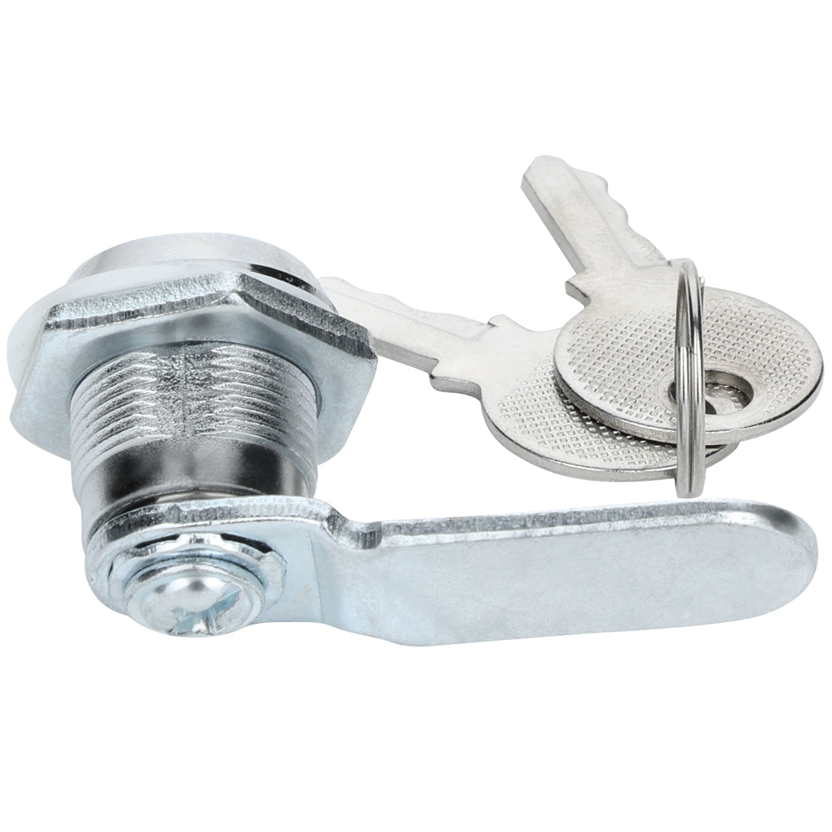A silver metal cam lock with a flat, rotating latch is shown lying on its side. Two matching silver keys with round heads are attached to a small metal keyring and rest beside the Empura Refrigeration lock on a white background.