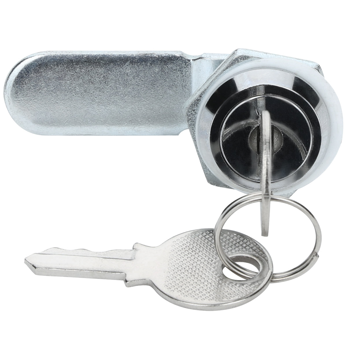 A close-up of a metal cam lock with a pair of keys inserted. The shiny chrome cylindrical lock, often used in Empura Refrigeration units, features a rotating lever positioned horizontally and the key is attached to a round key ring.