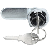 A close-up of a metal cam lock with a pair of keys inserted. The shiny chrome cylindrical lock, often used in Empura Refrigeration units, features a rotating lever positioned horizontally and the key is attached to a round key ring.