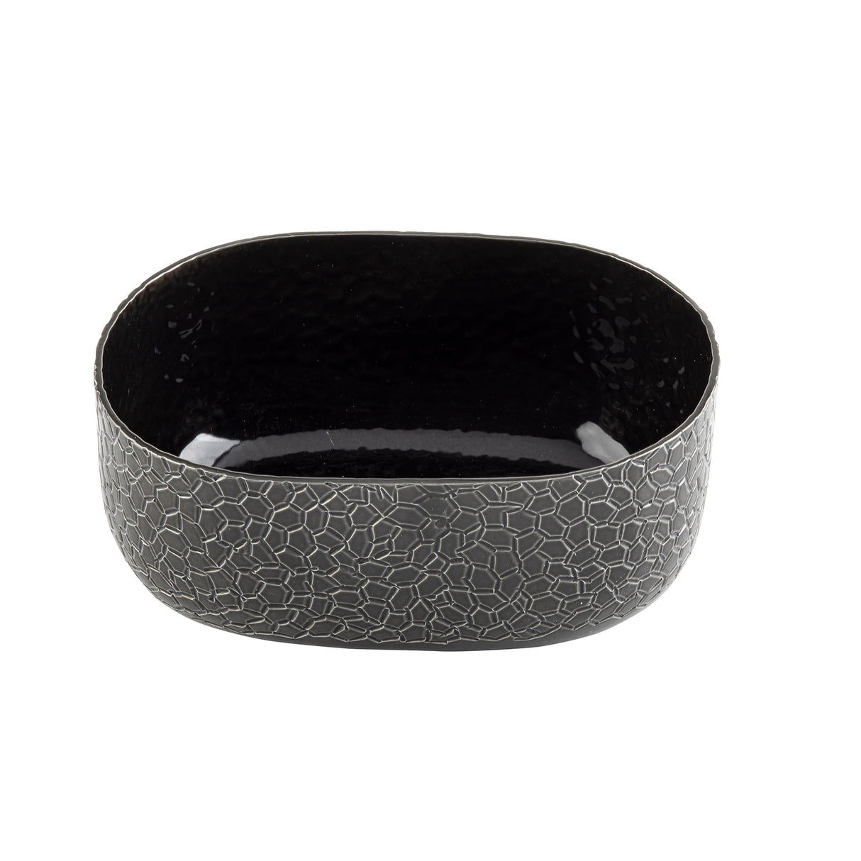A black aluminum oval bowl with a crackle pattern and powder coat finish. Its rounded edges and mosaic exterior contrast with the smooth, glossy interior, which reflects light beautifully against the plain white background.