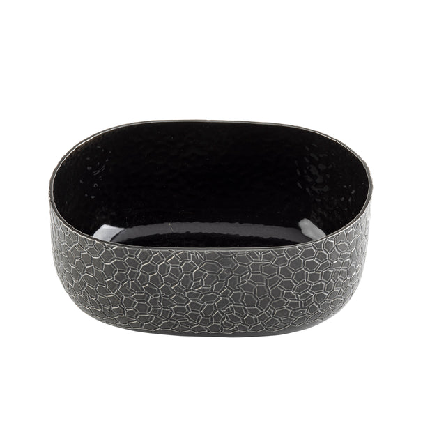 A black aluminum oval bowl with a crackle pattern and powder coat finish. Its rounded edges and mosaic exterior contrast with the smooth, glossy interior, which reflects light beautifully against the plain white background.