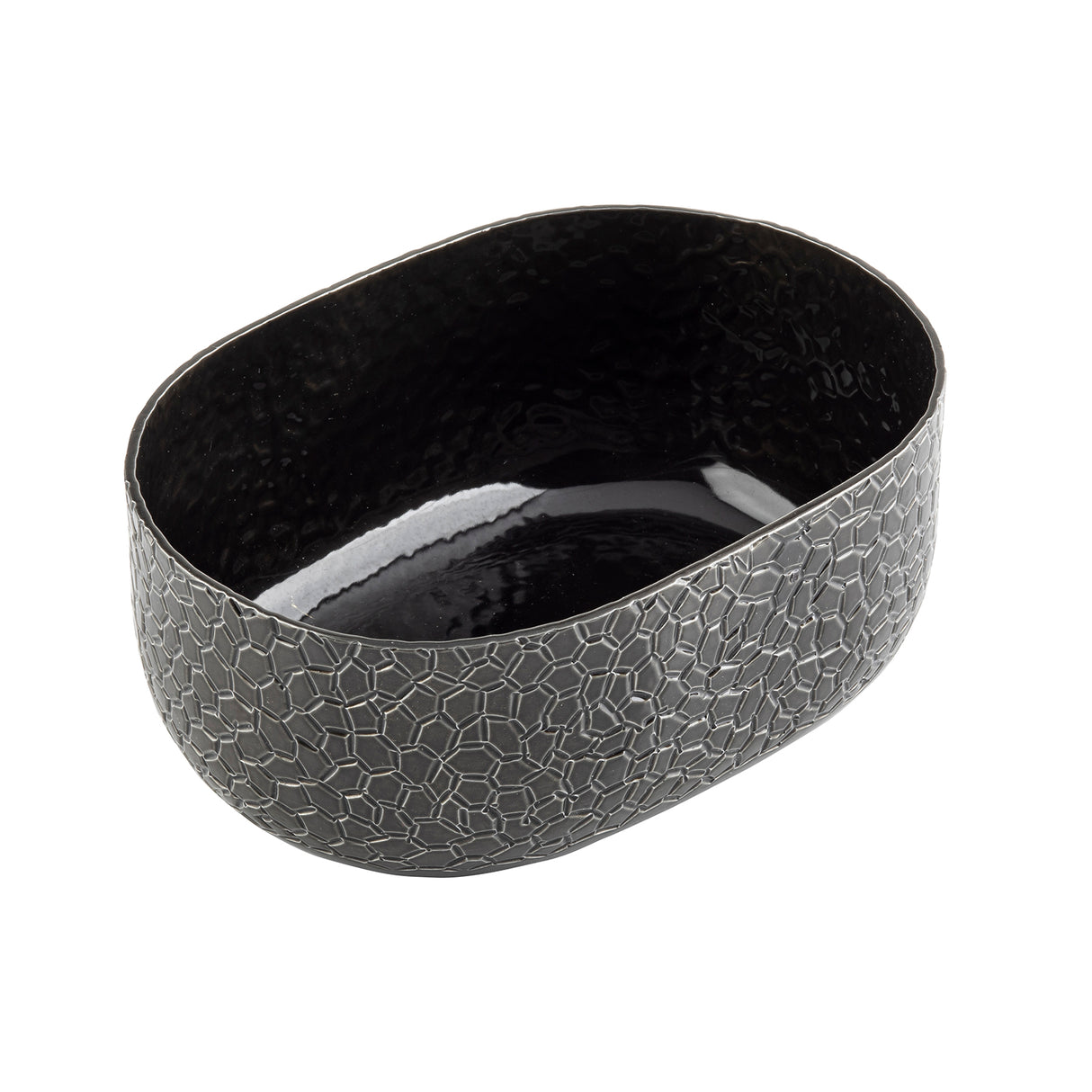 An aluminum oval bowl with a glossy black powder coat finish inside and a textured, crackle pattern gray exterior. Its irregular geometric surface gives this modern piece a stylish look. The empty bowl is shown on a white background.