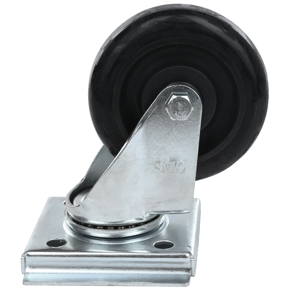 A single swivel caster without brake, compatible with Empura Refrigeration, features a black rubber tire on a shiny metal mounting plate and bracket with a visible bolt at the wheel’s center and two screw holes. The background is plain white.