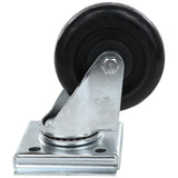 A single swivel caster without brake, compatible with Empura Refrigeration, features a black rubber tire on a shiny metal mounting plate and bracket with a visible bolt at the wheel’s center and two screw holes. The background is plain white.