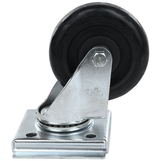 A single swivel caster without brake, compatible with Empura Refrigeration, features a black rubber tire on a shiny metal mounting plate and bracket with a visible bolt at the wheel’s center and two screw holes. The background is plain white.