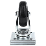 A close-up, front view of an Empura Parts caster without brake attached to a metal mounting plate with four holes for screws; the sturdy bracket supports the centered wheel, upright against a plain white background.